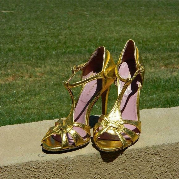 BCBG Max Azria Gold Metalic Leather MaryJane Strappy Spike Heel Sandal Shoes 8.5 - Picture 10 of 10